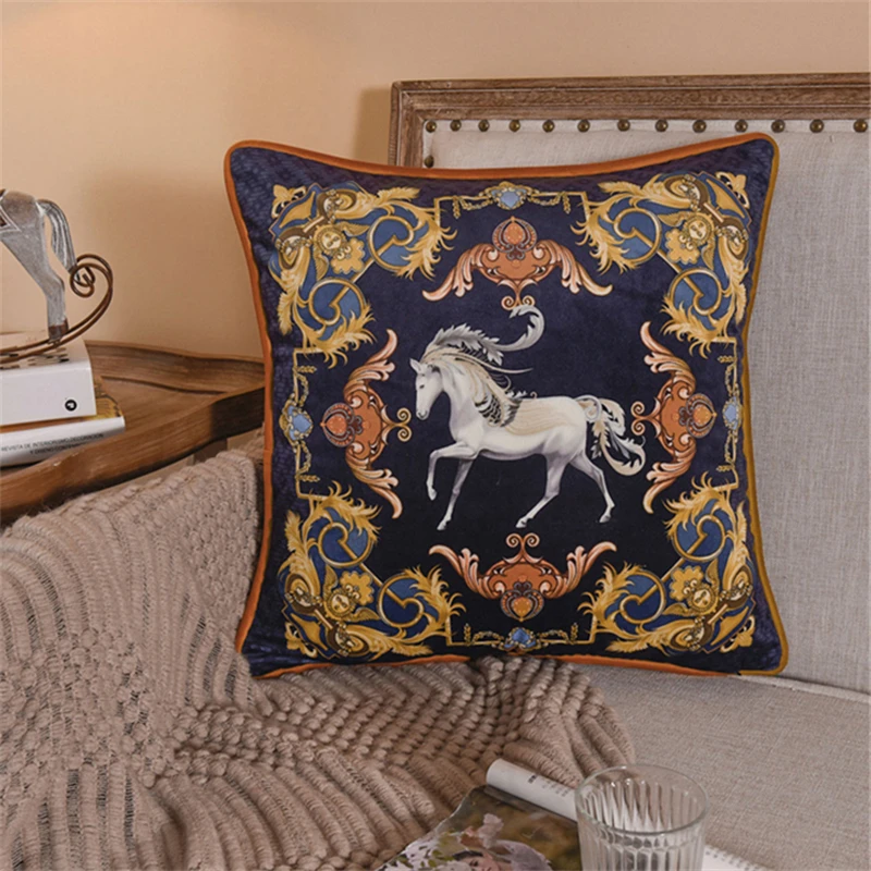 Funda de cojín de terciopelo de lujo europeo, cubierta de almohada decorativa de caballo, Marrón marino, decoración de sofá para el hogar, 45x45/50x50