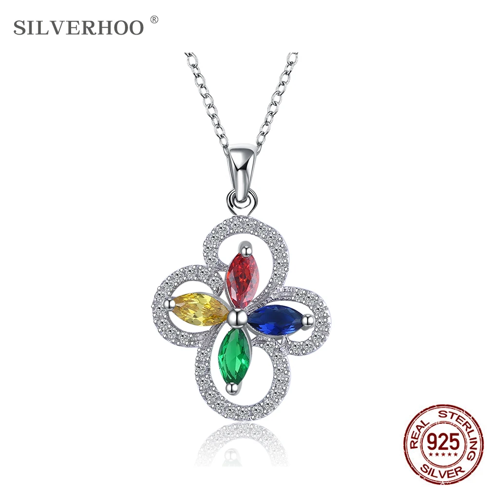 

SILVERHOO Sterling Silver 925 Necklace For Women Trendy Sparkling Cubic Zirconia Flower Pendant Necklaces Anniversary Jewelry