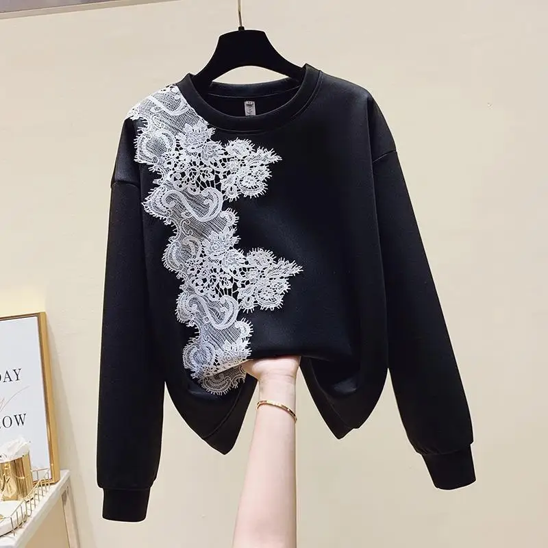 

2021 autumn and winter new stitching fashion lace sweater women loose Korean air cotton long sleeve jacket