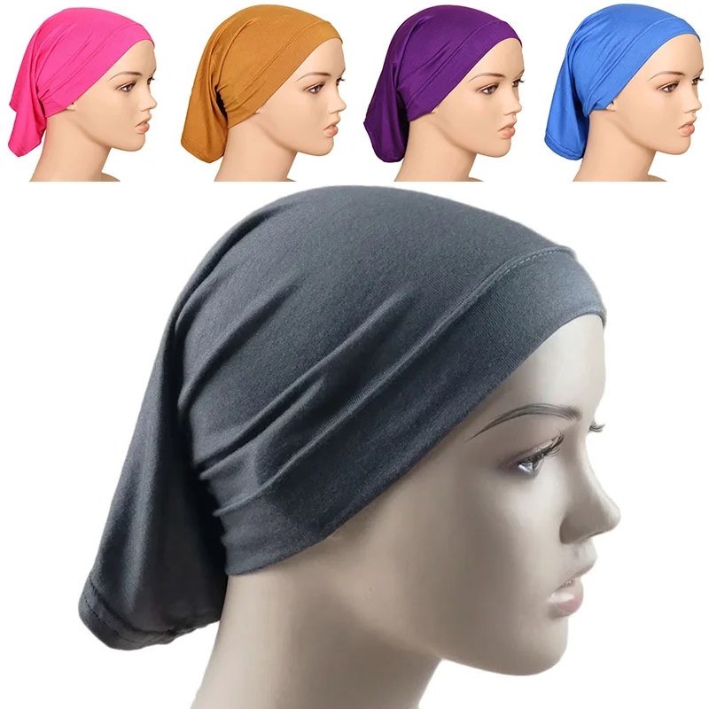 

Women Muslim hats Hijab Scarf Inner Hijab Caps Ladies Islamic Headband Turban Headwrap Hairband solid color underscarf