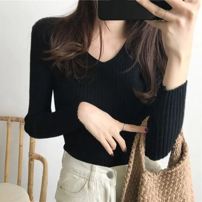 Women Basic V-Neck Sweater Solid Color Ribbed Knit Striped Pullover Jumper Tops | Женская одежда