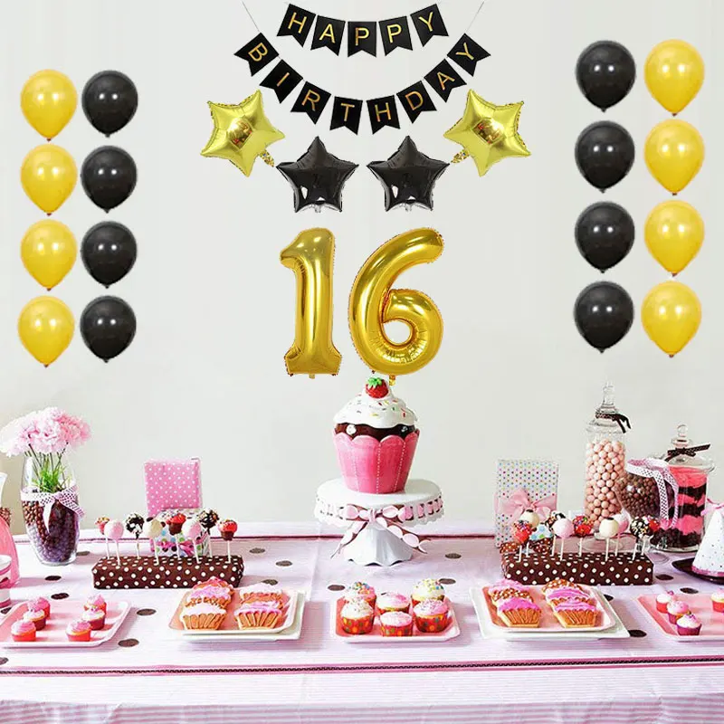 

40 дюймов Декор цифр семейная пища взрослые дети вечеривечерние цветные флаги с черными золотыми звездами набор воздушных шаров на день рож...