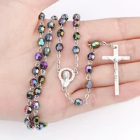 colorful round bead rosary pendant alloy cross virgin mary centrepieces necklace christian catholic religious jewelry