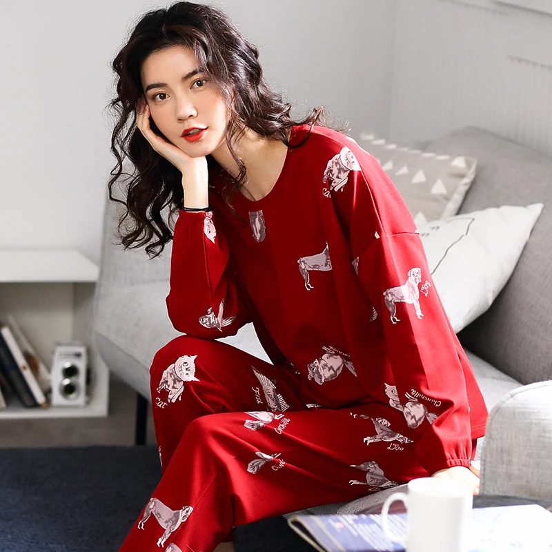 Красная Хлопковая пижама с длинным рукавом и принтом комплект для женщин женская