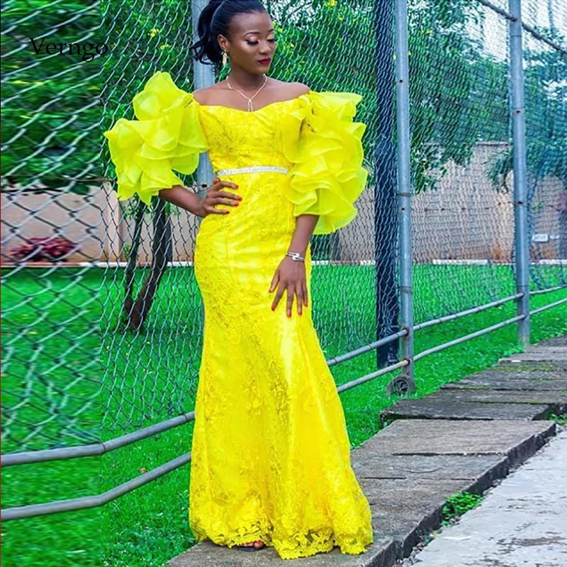 

Verngo Mermaid Evening Dress Yellow Lace Appliques Formal Dress Prom Dress Evening Dresses Long Robe Soiree Dubai