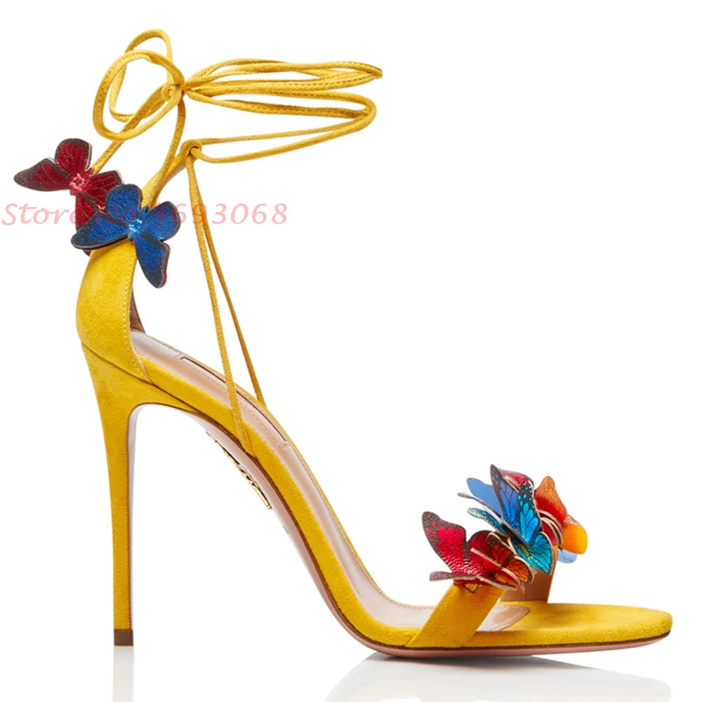 

Mluti Butterfly Ankle Strap Yellow Sandals Vacation Female Shoes Super High Heel Open Toe Stiletto Heels Sexy Banquet Casual