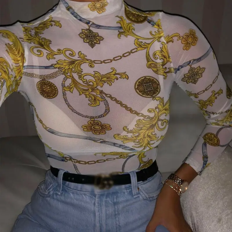

Hot Sale Women Perspective Floral Long Sleeve Top Casual Mesh Slim Floral Autumn Winter Fashion T-shirt Elegant Ladies Soft