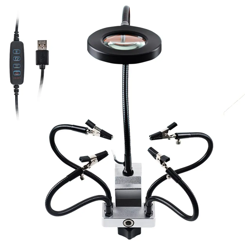 

LED 3X лупа Настольная лампа с зажимом для пайки вспомогательная ручная паяльная станция USB 5 шт. гибкие руки сторонний инструмент