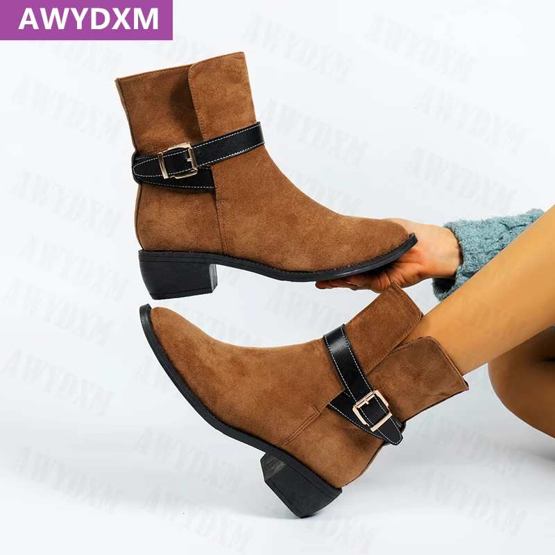 

Модные теплые женские ботинки челси на среднем каблуке, детская замшевая обувь в британском стиле, зимняя короткая плюшевая дизайнерская Н...