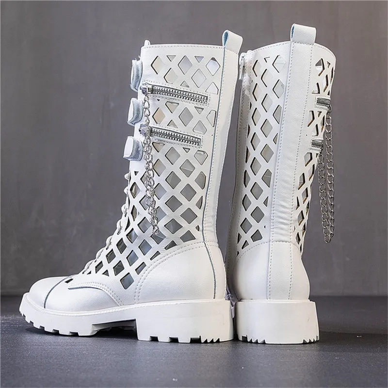 Стильные летние женские ботинки с высоким берцем Кожаные мотоциклетные