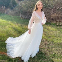 hot sale charming garden lace wedding dresses long sleeves v neckline wedding gowns back out bridal dresses bow belt 2022 latest