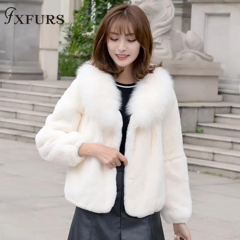 2020 Women Real Rex Rabbit Fur Jackets with Fox Fur Collar 100% Genuine Fur Coat Winter Warm Outwear Causal Short Fur Overcoat