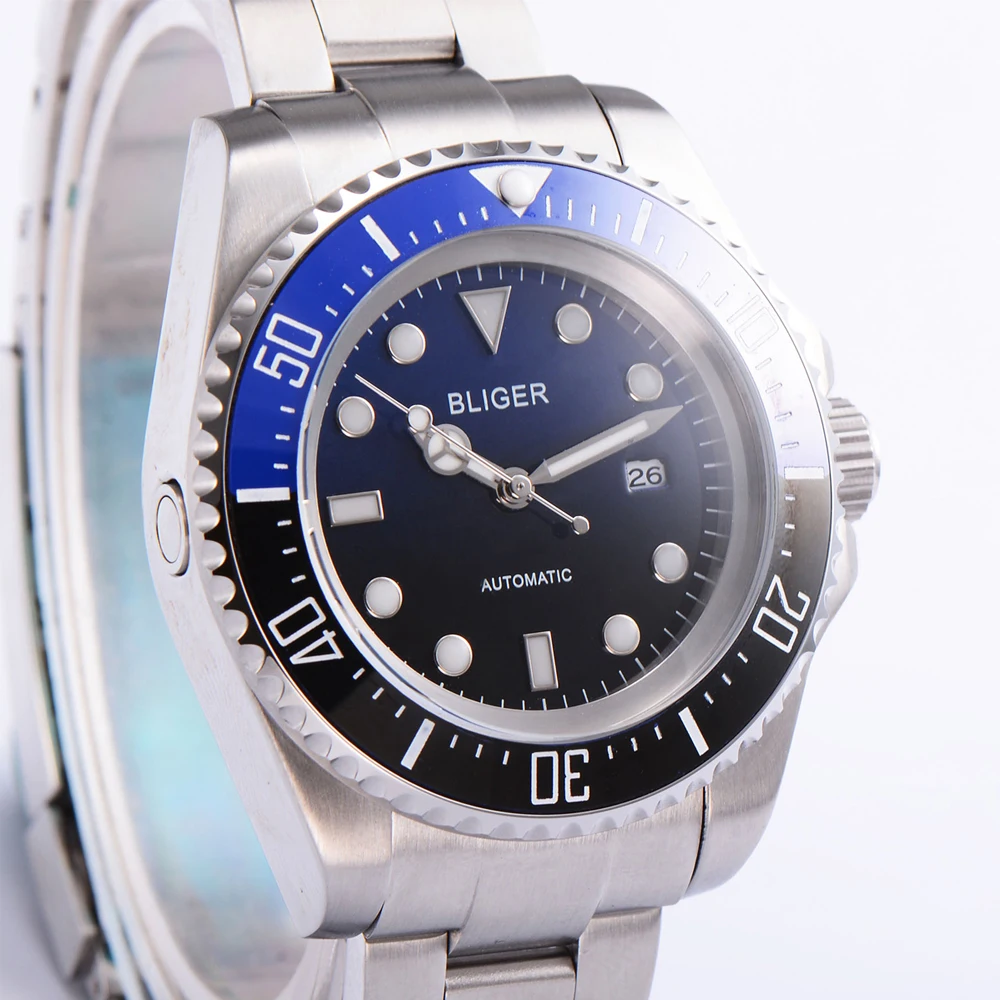 Мужские часы bliger44мм с градиентным циферблатом черного и синего цвета