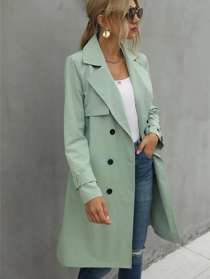 

2021 Winter Women Casual Solid Color Coat Autumn Elagant Fashion Long Sleeve Lapel Neck Double Breasted Belted Trench Green Coat
