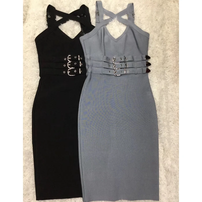 Женское платье на бретелях спагетти черное облегающее Бандажное с ремнями серое