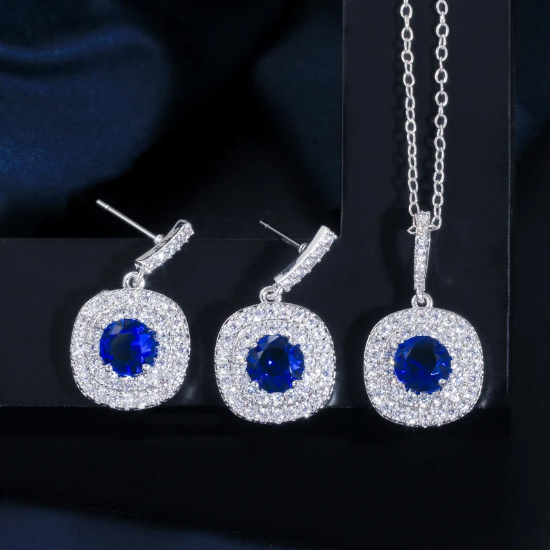 CWWZircons блестящие крошечные серьги из кубического циркония и кулон ожерелье Мода 1.25ct Королевский Синий CZ Ювелирные наборы для женщин T024