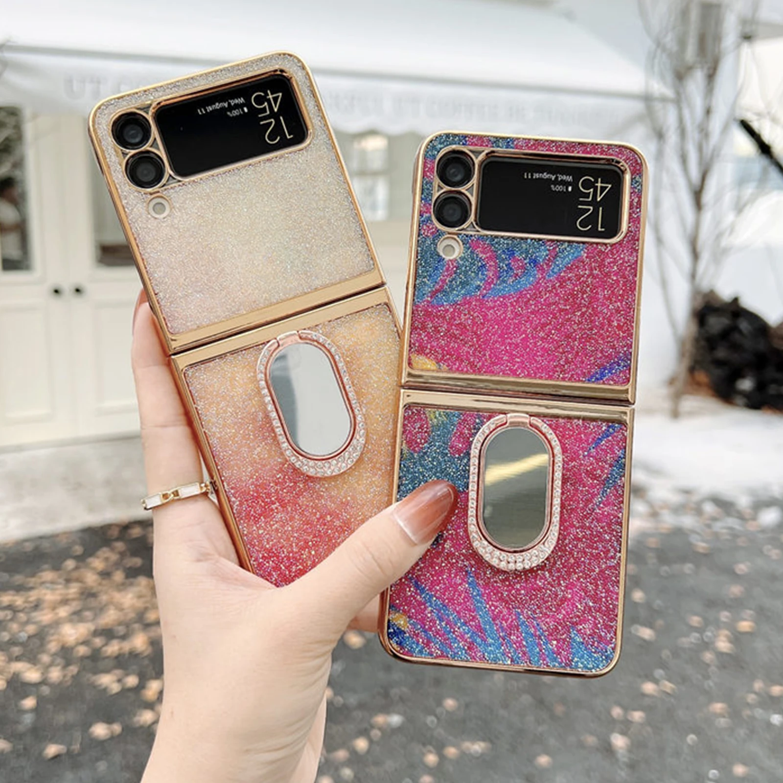 

Блестящий чехол для Samsung Galaxy Z Flip 3 с кольцом, роскошный блестящий бриллиантовый блестящий чехол-книжка, противоударный чехол для телефона с ...