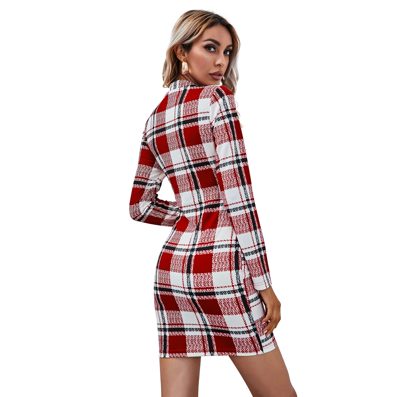 

Women Vintage Plaid Dress Fashion Bodycon Round Neck Long Sleeve Autumn Pencil Dresses Package Hip High Waist Mini Streetwear
