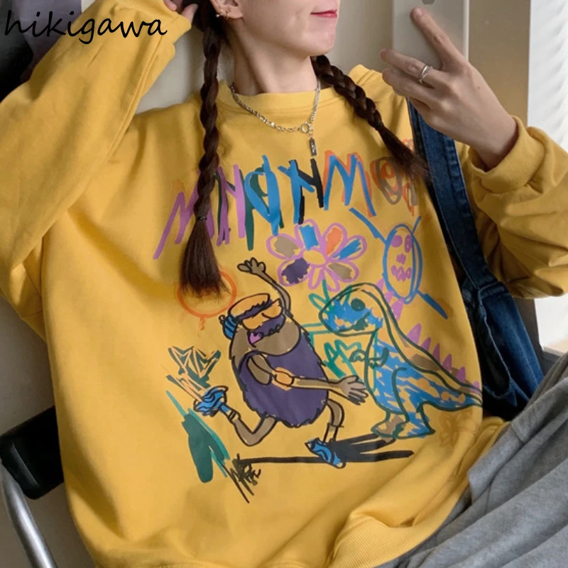 

Hikigawa Korean Harajuku Sweatshirts for Women Long Sleeve Cartoon Printing Pullover O Neck Japan Loose Tops Fashion Sweatshirt