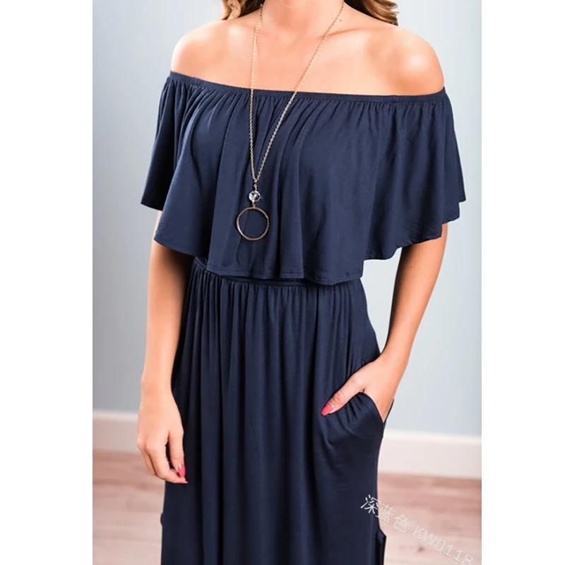 

WEPBEL Pocket Slit Dress Women's Sexy Pleated Patchwork Ruffled Dress Summer Casual Ruffle Sleeve Solid Color Dress