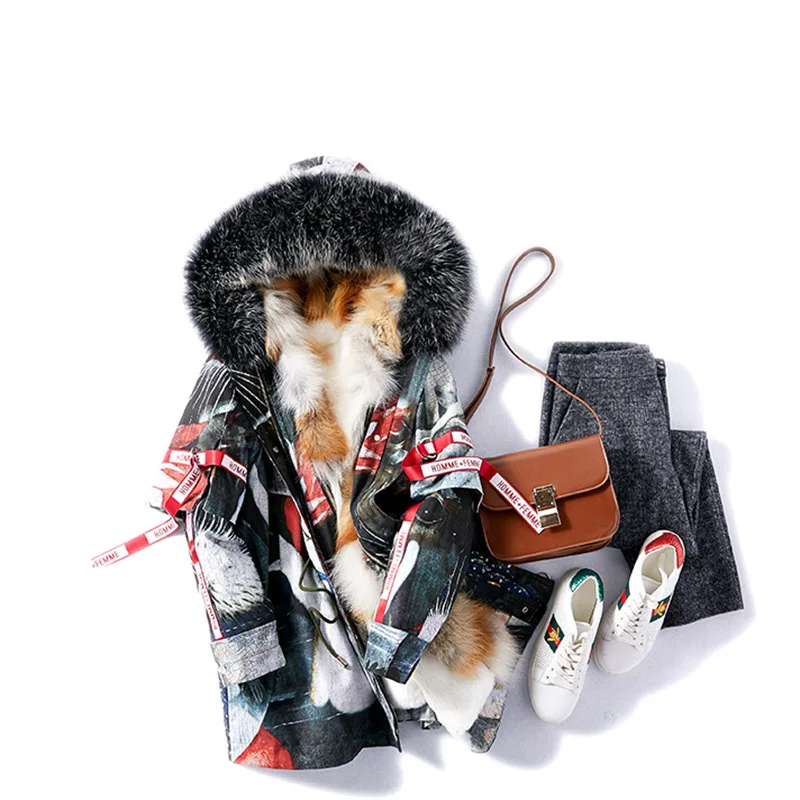 RosEvans 2020 Ins Colorful Winter Coats and Jackets Women Real Fur Parka Natural Fox Fur Collar Down Liner Long Thick Warm enlarge