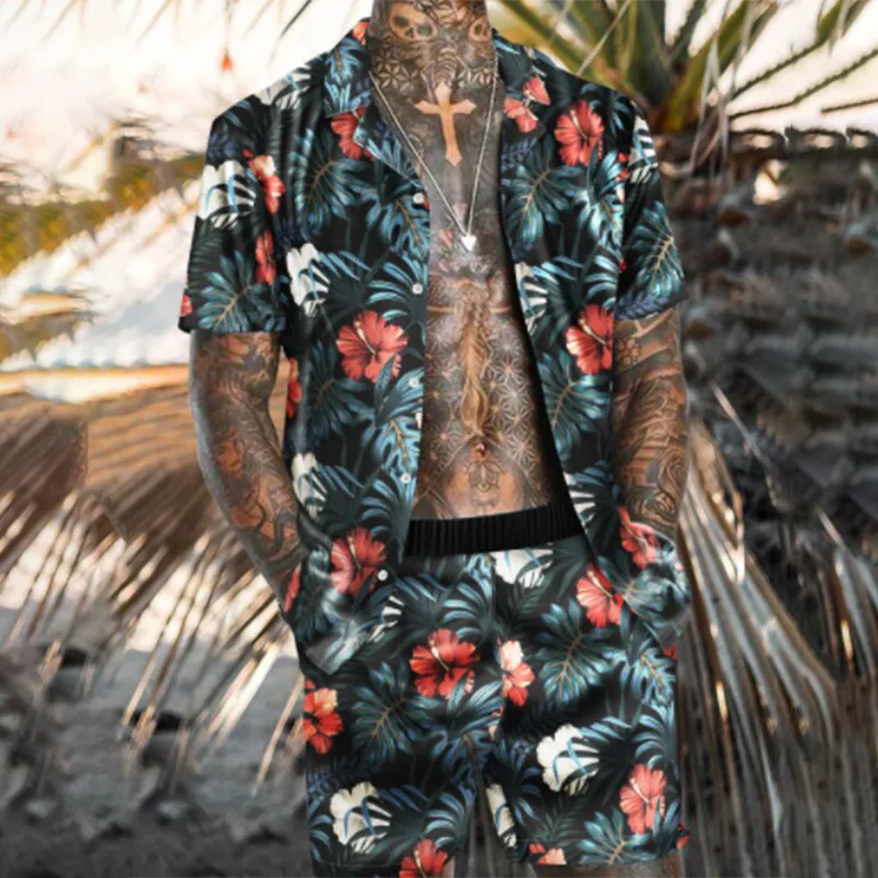 

2021 Summer 2 Piece Set Men Large Size Short-Sleeved Floral Shirt + Lace Up Shorts 7 Color Options Male Hawaiian Suit
