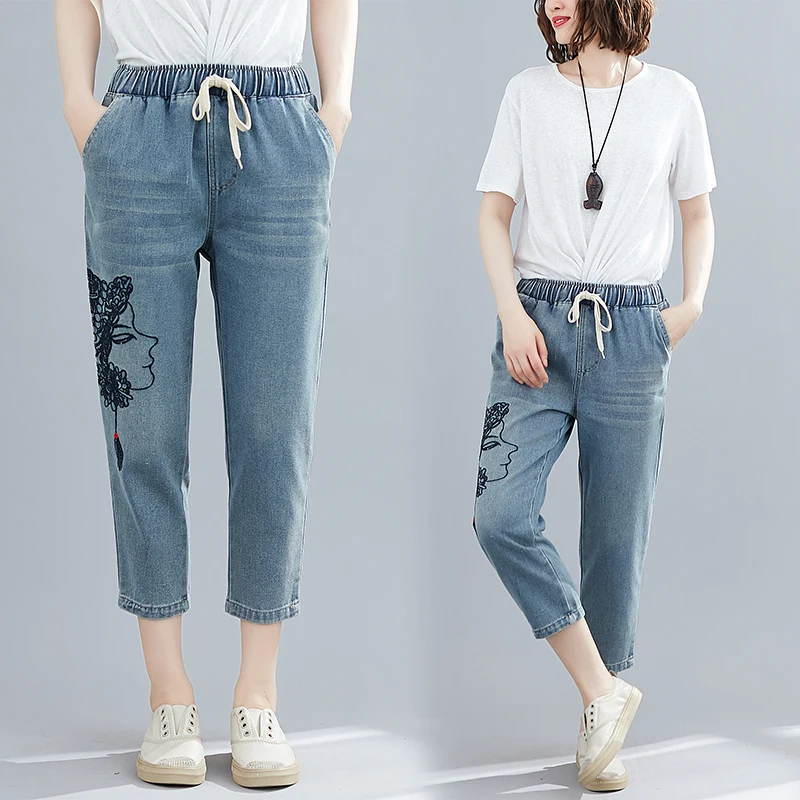 Летний художественный большой Размеры с эластичной резинкой на талии вышитые