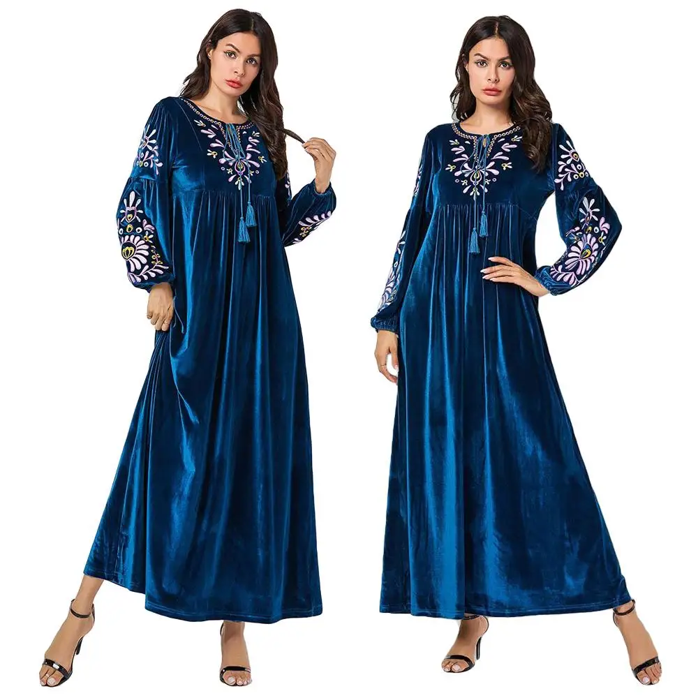 Мусульманское женское бархатное платье abaya с цветочной вышивкой длинный рукав