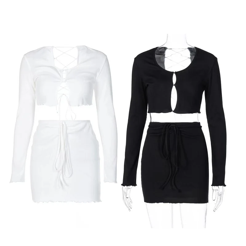 

Ribbed Lace Up Hollow Out Top Vest Skirt Bodycon Sexy Streetwear Matching Outfit