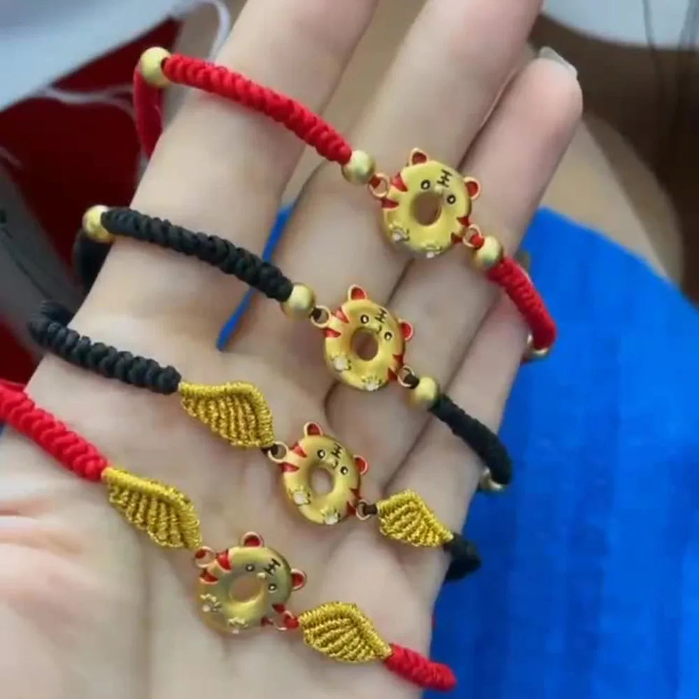 

Переводные бусины на удачу, красные черные веревочные бусины, браслеты для женщин, 24-каратный золотой браслет, женский знак зодиака, тигр, золотые свадебные украшения