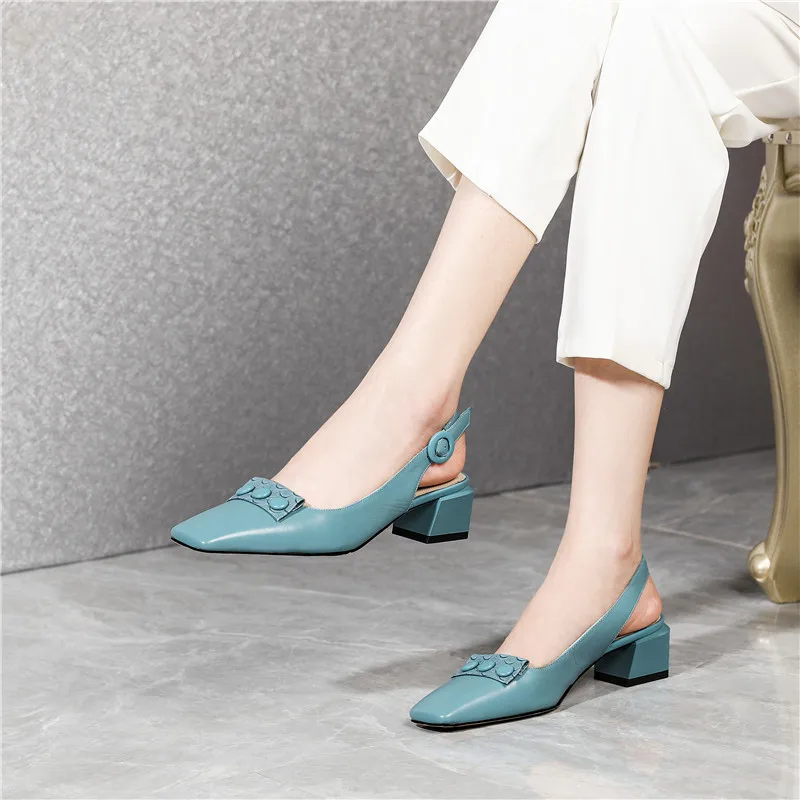 

MoonMeek 2021 New Arrival Women Sandals Genuine Leather Ladies Shoes Summer Shallow Buckle Party Shoes Blue Apricot