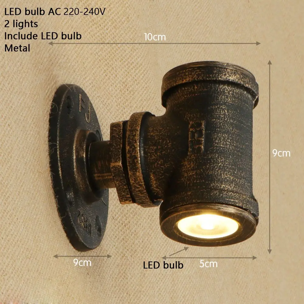 Светильник настенный винтажный с двумя лампами LED, выполненный в стиле лофт-индастриал из железа с ржавой отделкой "водопроводная труба" для спальни, ресторана, бара, ванной комнаты.
