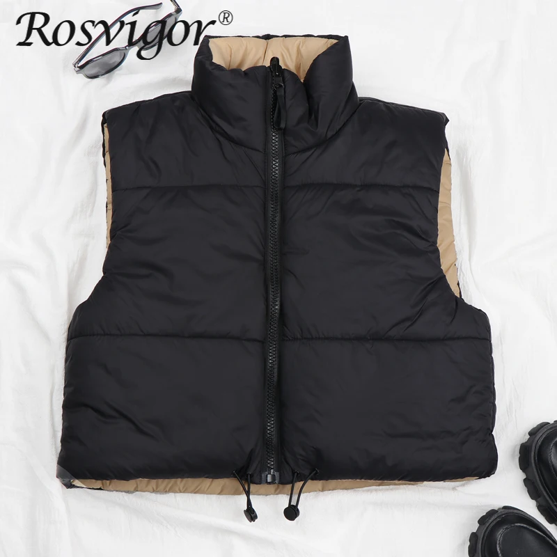 

2021Black Cropped Vest Coat Women Fashion Warm Sleeveless Parkas High Collar Waistcoat Female Casual Outerwear Chic Top