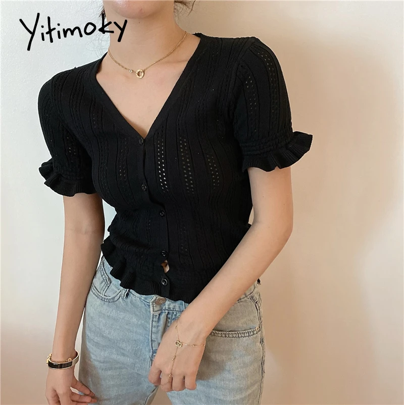 Женский короткий кардиган с вырезами вязаный свитер v-образным вырезом и