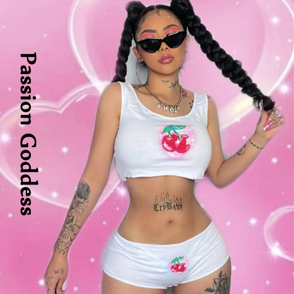 

Sweet Women 2 Piece Bustier Lingerie Suits Cherry Printed Cropped Tops Briefs Shorts Sets Home Sexy Cute Two Piece Outfits 2021