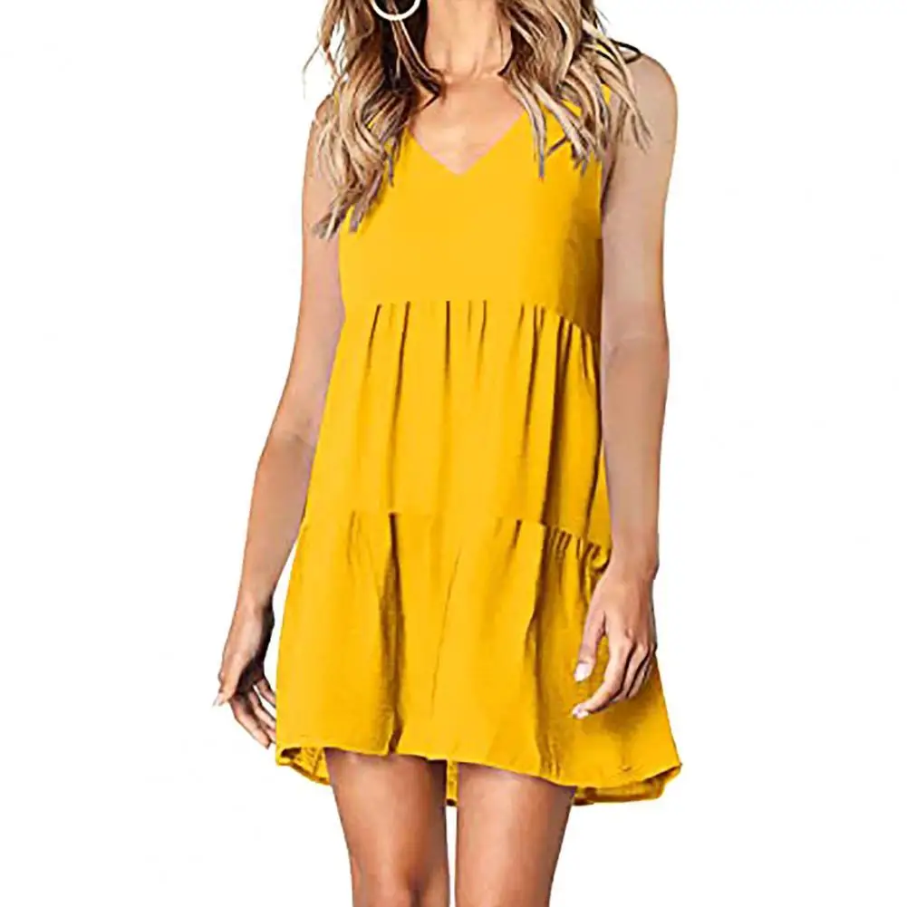 

Women Sleeveless Solid Color V-neck Ruffle Hem Loose Mini Dress Sundress for Date
