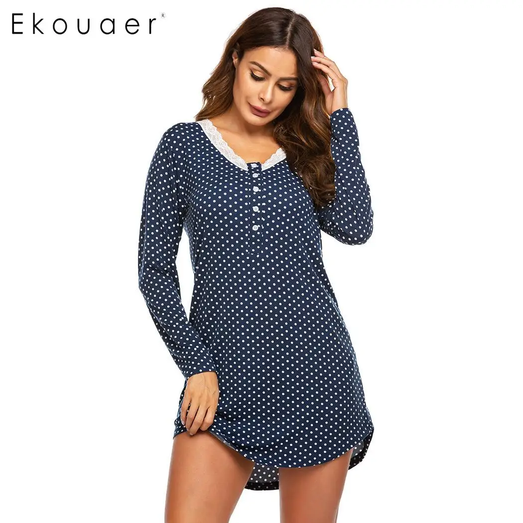 Ekouaer, женская мягкая ночная рубашка, одежда для сна, круглый вырез, длинный рукав, узор в горошек, кружевная отделка, ночная рубашка Pregant, ночная одежда, домашняя одежда