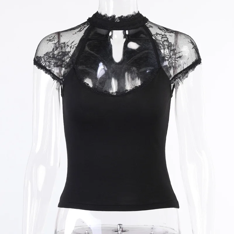 

Vintage Mesh T Shirt Women Goth Aesthetic Lace Trim Short Sleeve T-shirts Grunge Bodycon Gothic Tee Style Sexy Basic Woman Tops