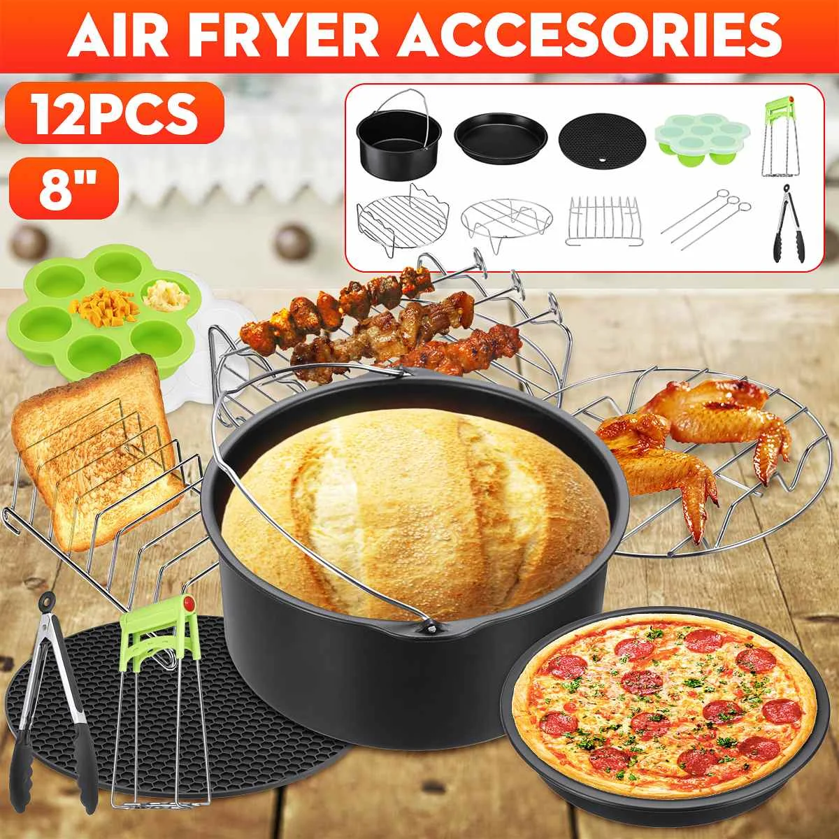 

12Pcs Air Fryer Accessories 8 Inch for 4.2-6.8QT Air Fryer Oven Baking Basket Pizza Plate Grill Pot Kitchen Cooking Tools