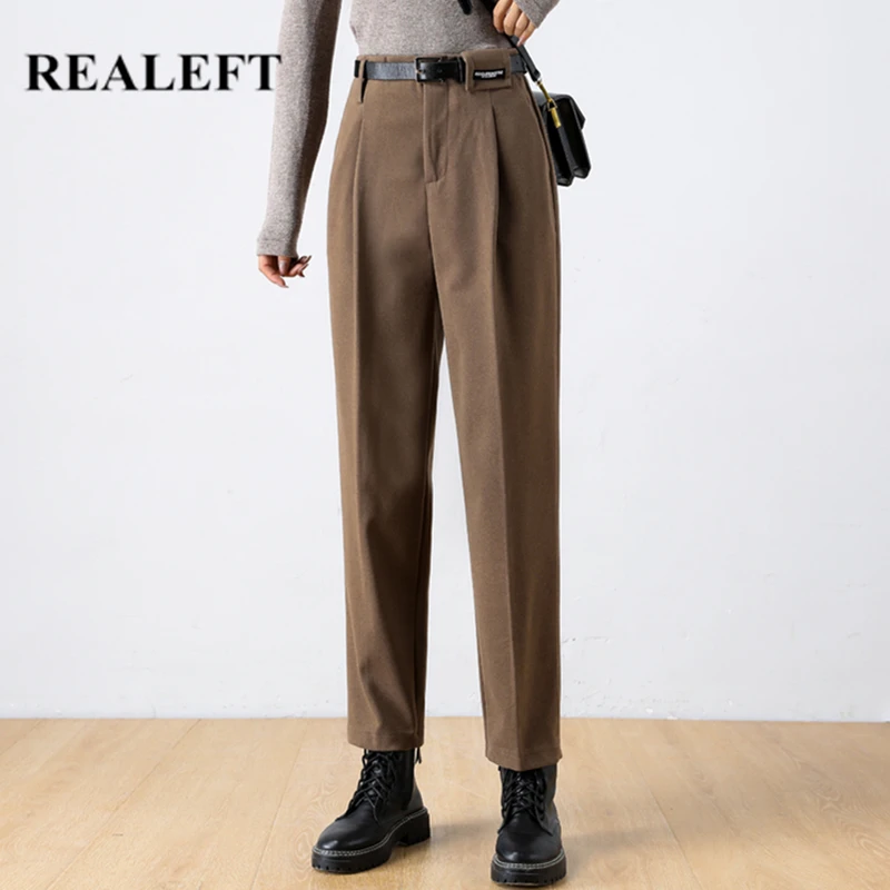 

REALEFT 2020 Woolen Formal Women's Harem Pants with Belt Autumn Winter High Waist Office Lady Chic Elegant Long Trousers Pocket