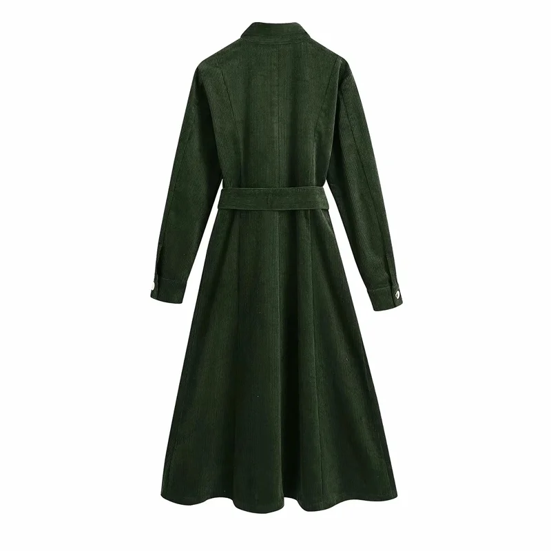 Fall 2020 New Product Corduroy Fashion Single-Breasted Bow Tie Waist Slimming Mid-Length Women's Shirt Dress | Женская одежда
