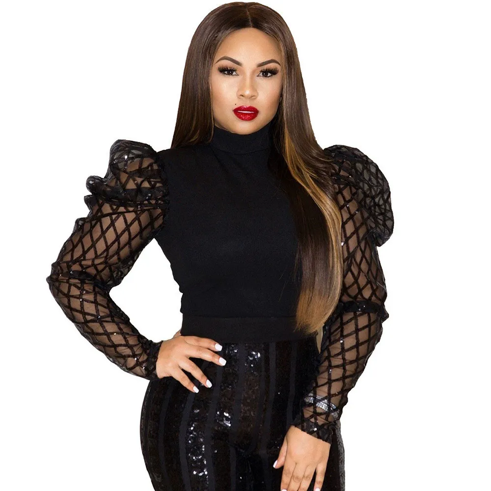 Блестящие сетчатые Женские топы и блузки в стиле пэчворк с прозрачными рукавами