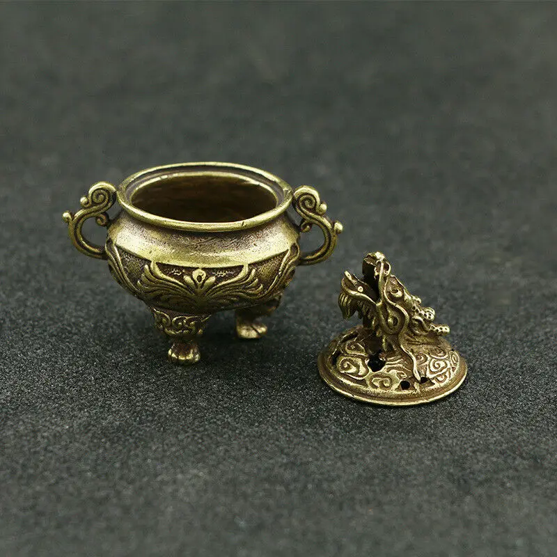

Antique Brass Carved Tripod Incense Burner Ornaments Dragon Cover Collection