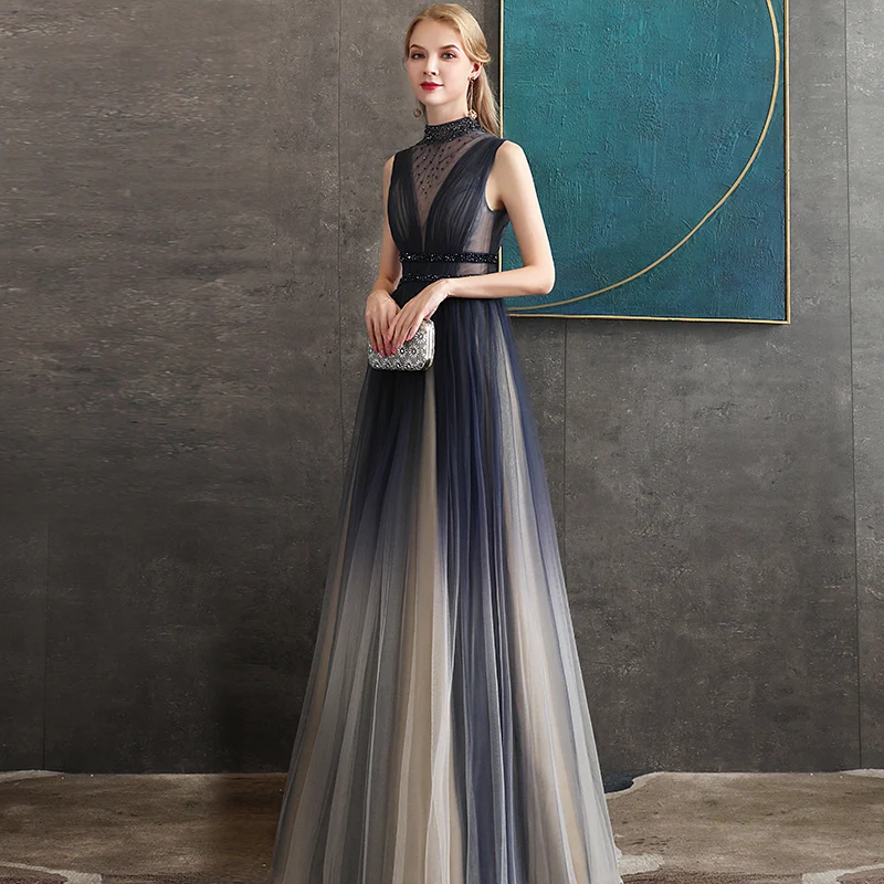 Новинка 2021 черное Тюлевое вечернее платье с бисером длинное открытой спиной