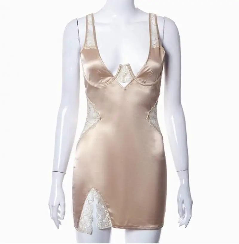 Sexy Sling Sleepwear Women Nightdress Summer with Lace Nightwear for Sleeveless Satin Dress with Side Slit Angels Pajamas