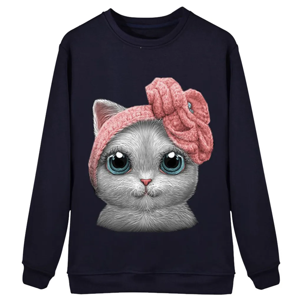 Женские свободные свитера с мультяшным котом Милые свитшоты длинными рукавами