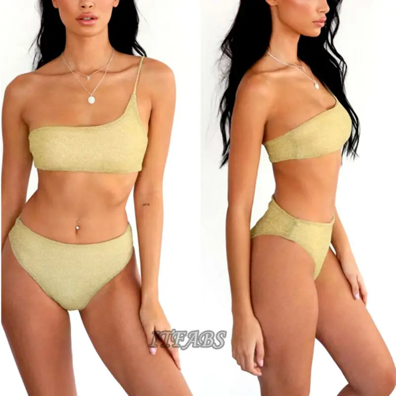 

Women Push-Up Bikini Set Ladies Sexy high waist One shoulder gold silver glitter Swimsuit Swimwear Beach Bathing Suit