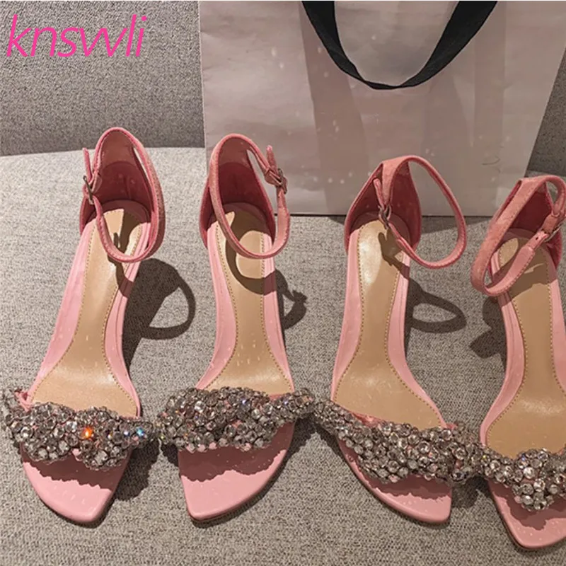 Сандалии на высоком каблуке со стразами и бантом Женские замшевые сандалии