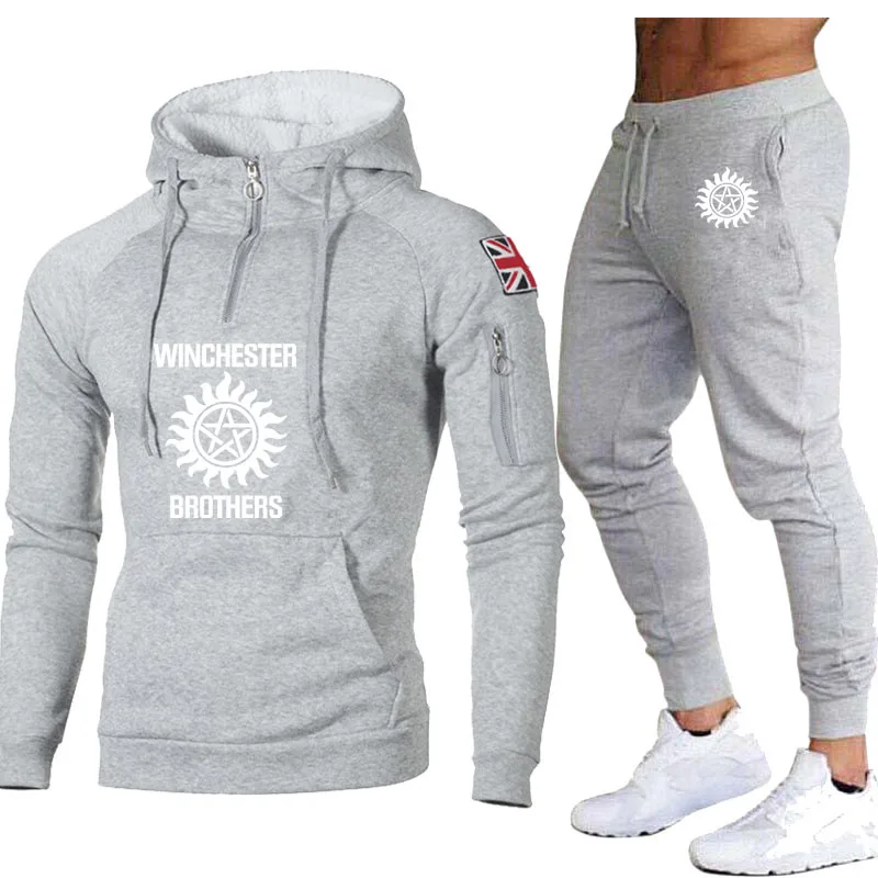

Casual Trend Spring Autumn Mens Hoodies Winchester Bros Printed Stripe Casual Men's sweatshirt+sweatpants 2-piece set