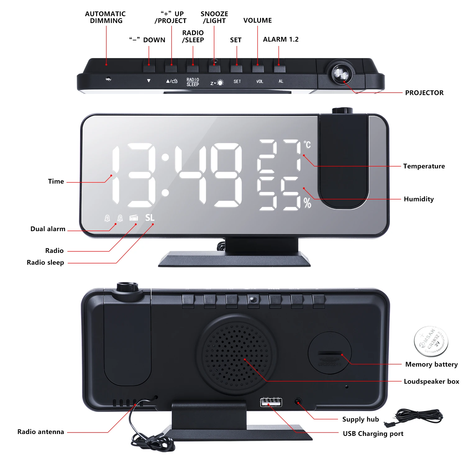 

2021 LED Digital Alarm Clock Temperature And Humidity Display Clocks FM Radio Time Projector Snooze Function Dual Alarm Clock